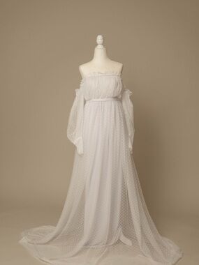 Off-Shoulder White Swiss Dot Maxi Dress